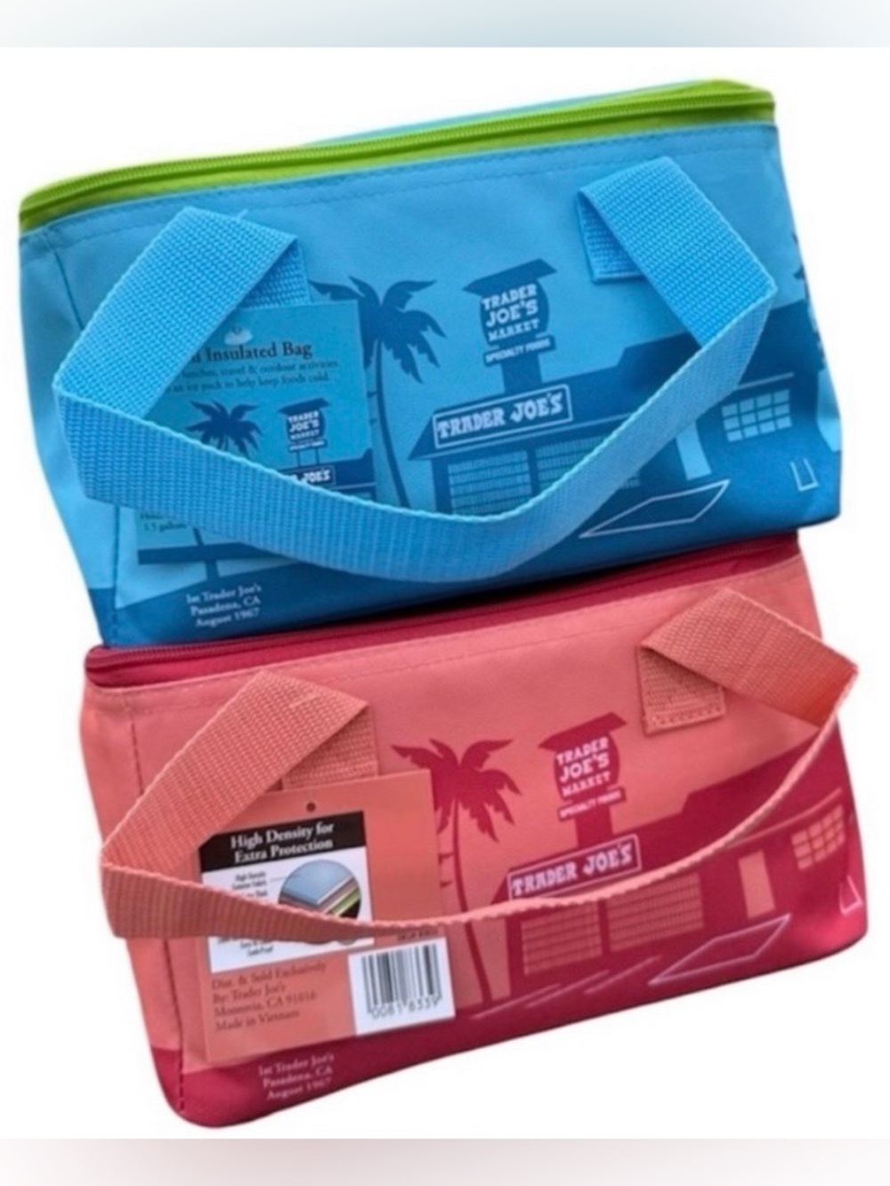 🌺 2 NEW! Trader Joe's MINI Aqua and Peach Insulated Lunch Bags (Set of 2)
